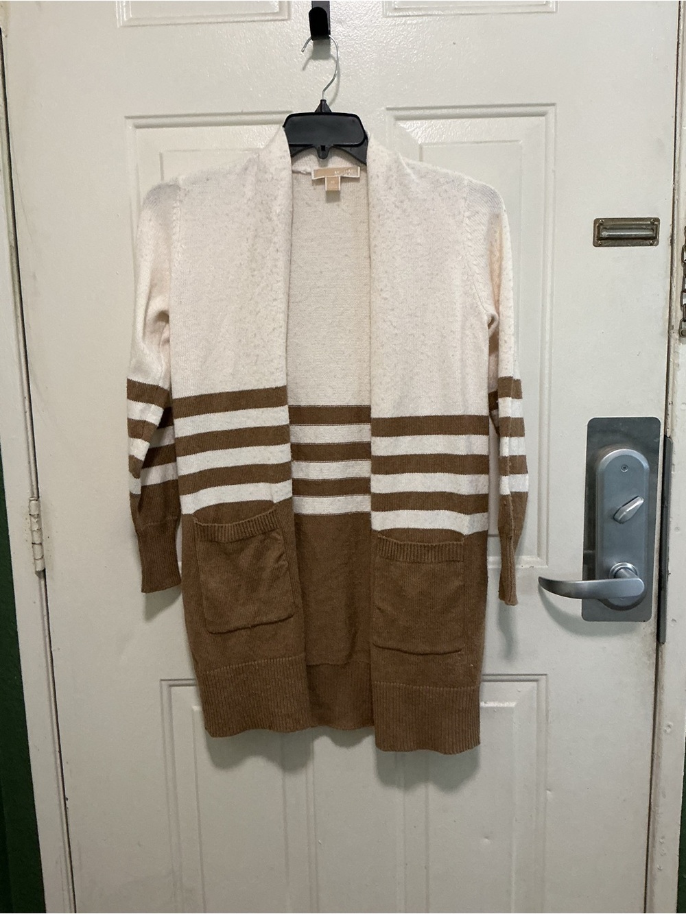 Michael Kors Cream and Brown Striped Open-Front Cardigan